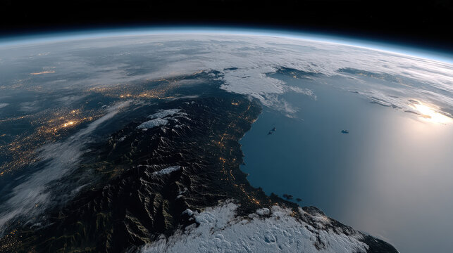 Earth low orbit coastline mountain cloud ocean sunrise atmosphere high fidelity serene view of Earth from low orbit with
