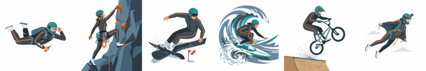 Obraz premium Collection of extreme sports illustrations featuring skydiving, rock climbing, snowboarding, surfing, BMX biking, and wingsuit flying in a modern graphic style.
