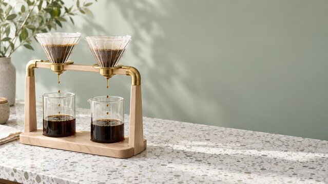 Minimalist manual coffee maker with wooden frame and glass jars brewing fresh coffee on patterned table