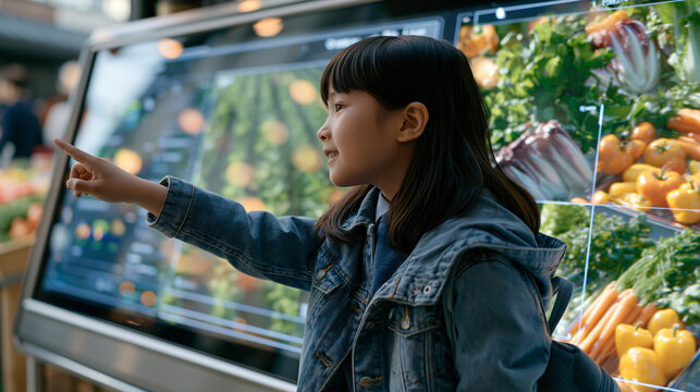 A dubbing studio child watches a holographic community agriculture subscription interface being tested in a vibrant outdoor food market, a reflection of crop rows shimmering in