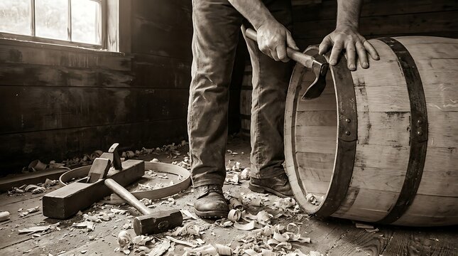 Cooper shaping wooden barrel with hand tool in workshop with shavings on rustic floor area.