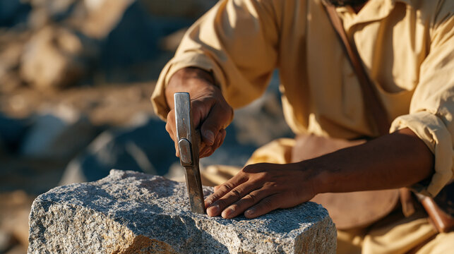 weathered stone mason sits in harsh midday sun outside a remote workhut, reaching for a chipped chisel on a rough granite block, sharpening the edge with slow deliberate strokes,