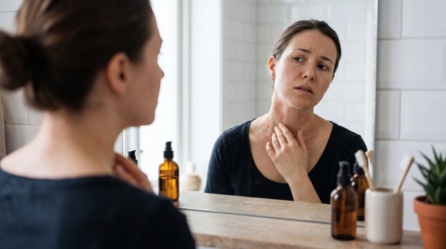 Young woman looking into mirror touching swollen painful throat and neck with distressed expression. Female patient suffering acute pharyngitis inflammation discomfort in bathroom at home.