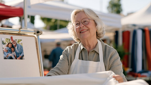 A sailmaker in a vibrant outdoor fabric market restocks bolt after bolt of canvas for tomorrow, a family photo pinned to the cutting board frame, her expression carrying the