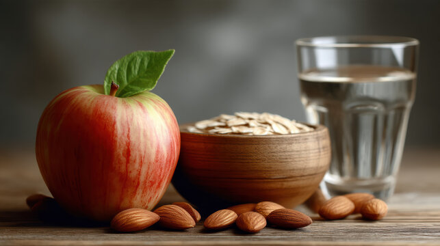 Apple almond oat wooden bowl glass of water healthy fresh natural rustic nutrition