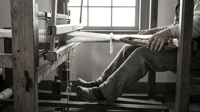 Traditional weaver operating wooden handloom using shuttle for textile fabric production.