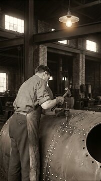 Ironworker riveting large metal boiler in industrial factory under glowing electric light.