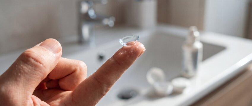 Close up of human index finger holding transparent soft contact lens over bathroom sink faucet water. Individual preparing optical ophthalmology lens for eyesight vision correction routine.