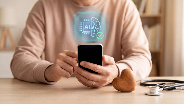 AI healthcare and medical artificial intelligence diagnosis concept. Patient using smartphone app with AI brain chip hologram, heart and stethoscope for digital health monitoring and wellness