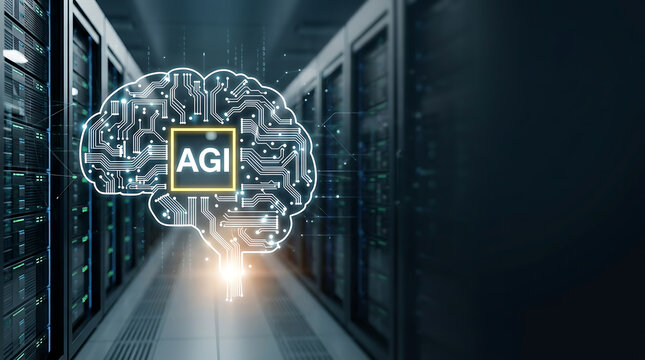 Artificial General Intelligence AGI Era Concept. AGI Digital Brain Hologram copy space