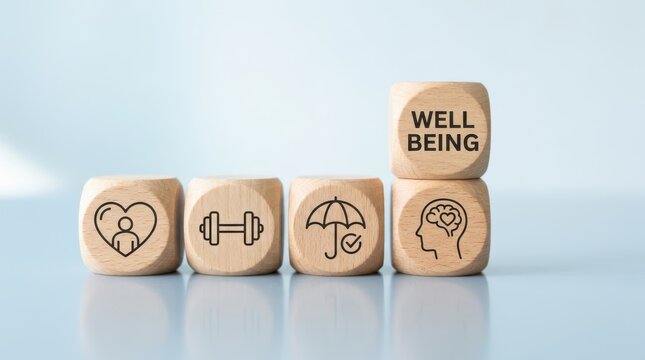 Wooden blocks with icons of physical and mental health are arranged next to wellbeing text cube on table.