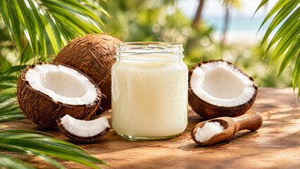 Obraz premium Glass jar of organic coconut oil with fresh coconut halves and palm leaves on a wooden table outdoors