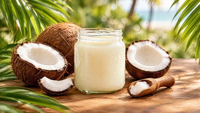 Glass jar of organic coconut oil with fresh coconut halves and palm leaves on a wooden table outdoors