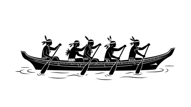 Indigenous people paddling canoe, historical illustration, native american culture