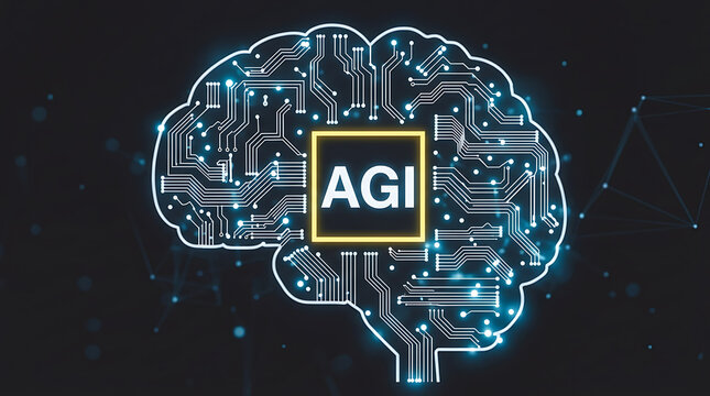 Artificial General Intelligence AGI Era Concept. AGI Digital Brain Hologram copy space