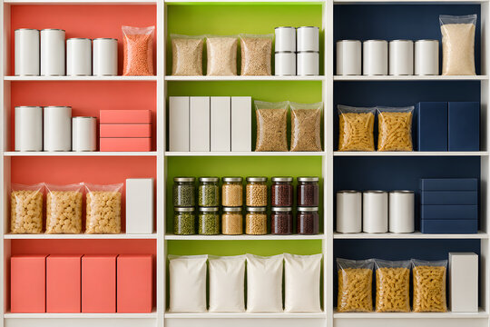 Color coded community pantry shelf with package free staples