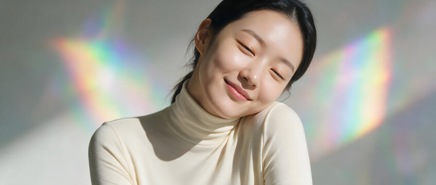 Young Asian woman with glowing skin posing in rainbow light