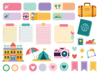 Fototapeta premium Travel-themed sticker set with luggage, passport, camera, tent, beach umbrella, lined memo pads, and decorative heart, star, and flag in pastel colors