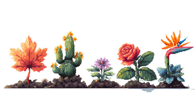 Pixel art row of plants planted in soil: maple cactus daisy rose bird of paradise