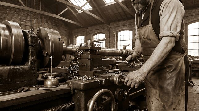 Professional machinist operating vintage metal lathe machine inside dark brick workshop.