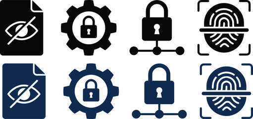Fototapeta premium Security and privacy flat icons set with eye lock gear and fingerprint symbols on white background