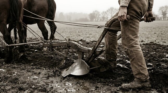 Close up sepia photo of farmer tilling muddy soil with steel plow pulled by draft horses.