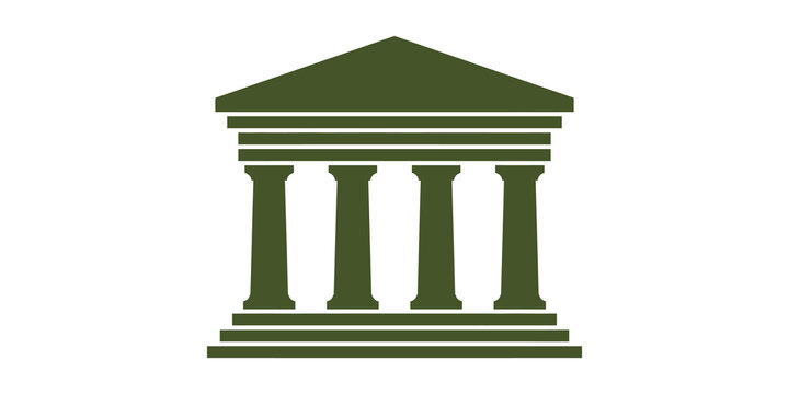 Classic greek temple building architecture icon in solid olive green for institutional design projects.