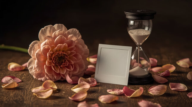 Heartbreak hourglass flower petal still life with blank card expressing fading love