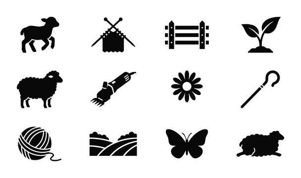 Farm Animal Icons: Sheep, Wool, Shearing, and Rural Life Vector Set