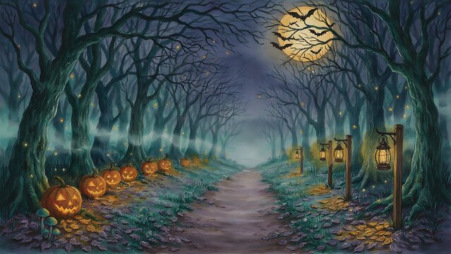 An eerie watercolor illustration shows glowing jack-o'-lanterns lining a spooky dirt trail through a dark enchanted forest under a full moon, created with generative AI.