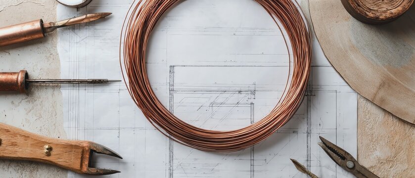 Copper wire and tools on drafting paper.