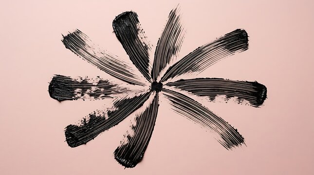 Black mascara brush strokes arranged in a star shape on a soft pink background. mascara swatch