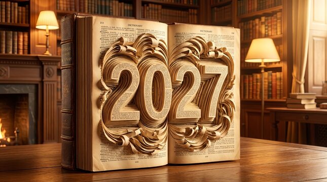 Beautifully carved open book with 2027 displayed on pages in a classic library