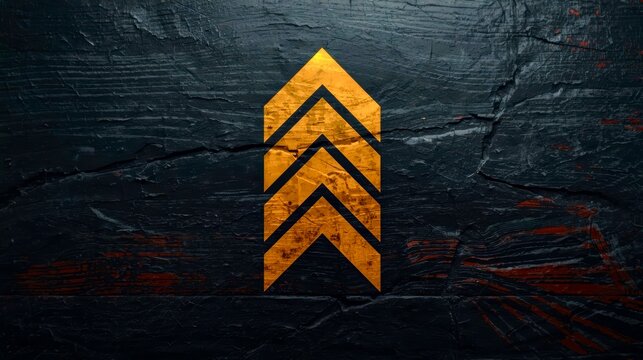 Golden arrow symbol stands bold on cracked black surface