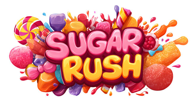"SUGAR RUSH" colorful candy logo with assorted sweets background