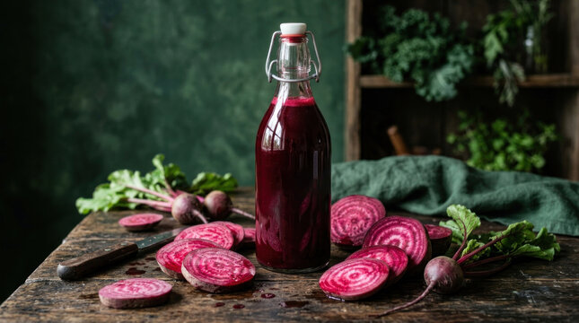 A bottle of beetroot juice with slices of beetroot on a rustic wooden table, surrounded by fresh beetroot and a green plant in the background.
