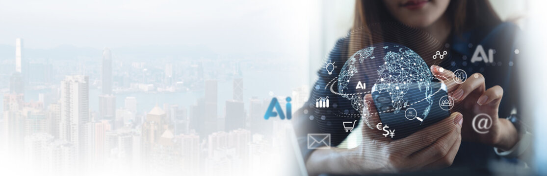 AI Artificial Intelligence technology for data analysis, research, planning, and work generate. Woman smartphone with AI assistant dashboard. IOT with AI agents
