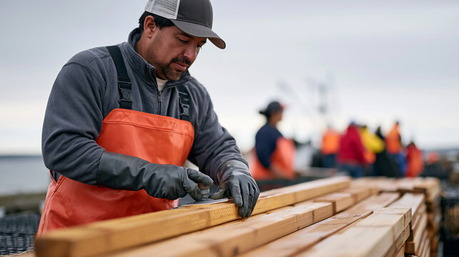 Crab trapper on an overcast pier sands down a rough timber trap edge beside a fresh batch of raw wood materials as a multicultural group of dock workers hauls gear in the