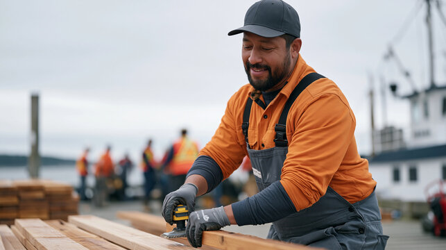 Crab trapper on an overcast pier sands down a rough timber trap edge beside a fresh batch of raw wood materials as a multicultural group of dock workers hauls gear in the