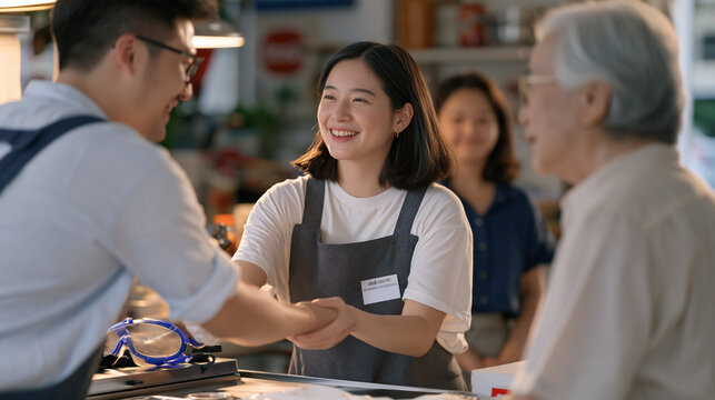 A teenager hands off a retail food stall shift to a family member in a modest home based setup safety goggles resting beside a prep station as an older relative watches the