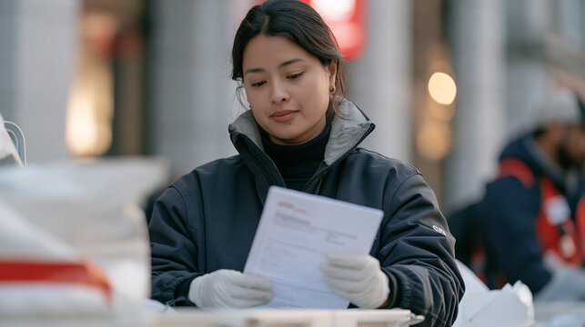 A crime scene investigator packing evidence materials for lab transport on rain soaked streets outside a fire damaged building, her organized carry station immaculate despite the