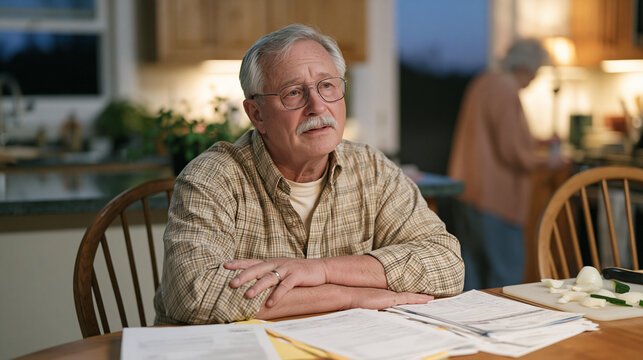 Private investigator relaxes in a twilight blue hour kitchen after closing a case, a stack of paperwork forms scattered across the table, raw vegetable prep abandoned mid chop on