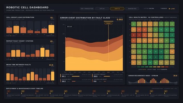 Industrial robotic arm assembly line dashboard showing real-time data