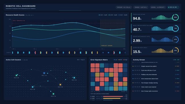 Digital robotic cell dashboard displaying network data in a smart factory
