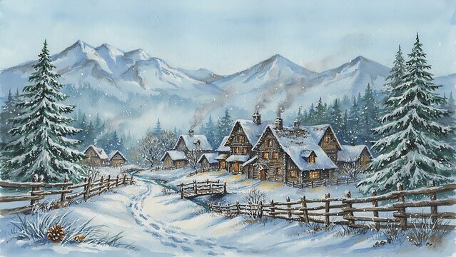 An atmospheric watercolor scene illustrates snow-covered wooden chalets nestled in a mountain valley beside tall evergreen trees, created with generative AI.