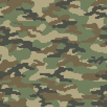 Seamless Pixelated Camouflage Pattern Vector Texture In Forest Green And Earthy Brown Tones