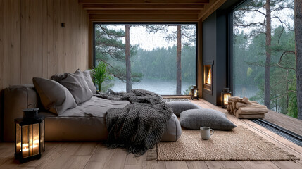 Obraz premium Cozy rustic cabin bedroom with large window, fireplace, soft bedding, pillows, and warm lighting