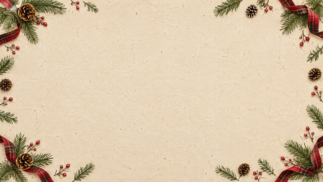 Vintage Christmas background with pine branches and red ribbon, rustic holiday border on beige paper, festive winter frame for greeting cards