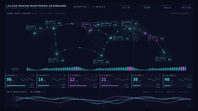 Software engineer monitoring cloud server infrastructure on digital dashboard