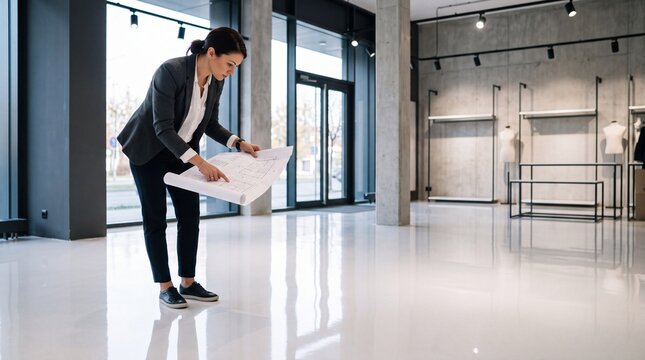 Female architect reviewing blueprint in modern commercial store space